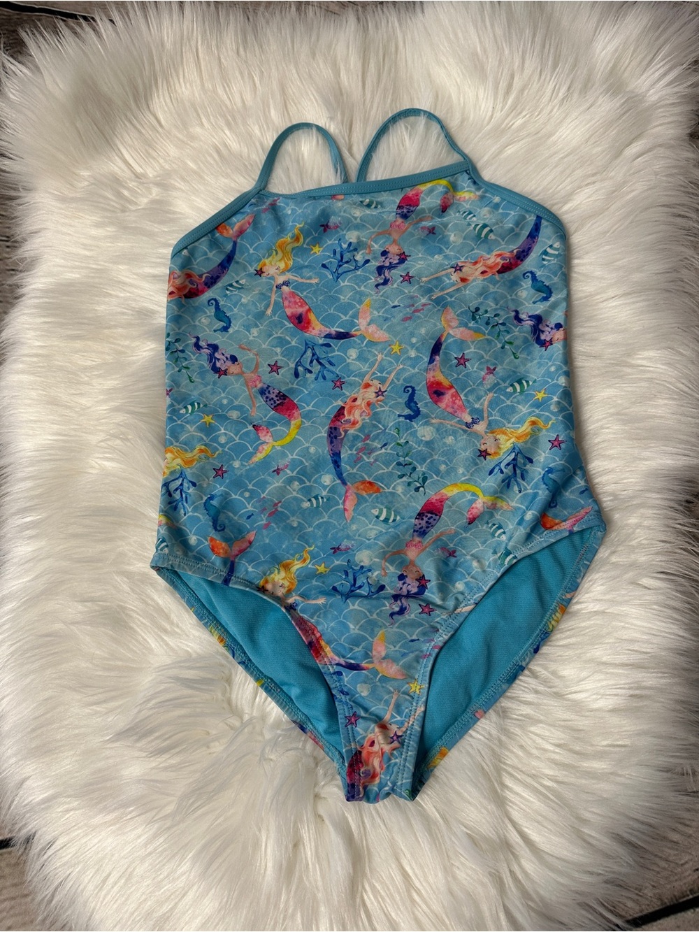 wonder nation Blue Mermaid Print Girls' One-Piece Swimsuit Size L (10/12)